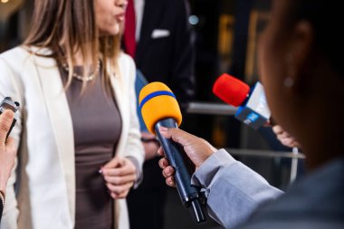 Basın kampanyası sırasında AB konsolosluğunun siyasi konuşması. Avrupa Parlamentosu binasında gazetecilerin sorularını yanıtlayan, medya ve televizyon haberleri için röportaj veren kendinden emin Avrupalı kadın siyasetçi.