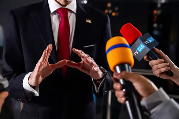 Serious Male American Politician Talks Journalists Answers Questions Gives Interview Stock Image