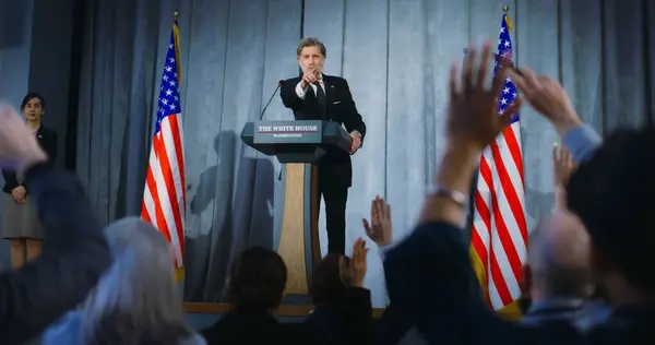 stock image Presidential of USA candidate makes an announcement, delivers campaign speech, answers questions, gives interview to media. American republican politician performs at press conference. Election day.