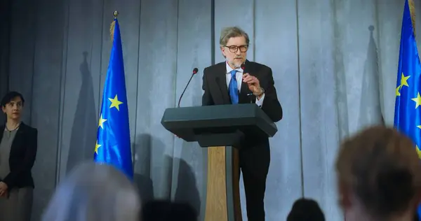 Mature Representative European Union Performs Press Conference Confident Politician Makes — Stock Photo, Image