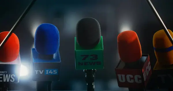 Close Speech Tribune Debate Stand Microphones Interview Media Television Breaking — Stock Photo, Image