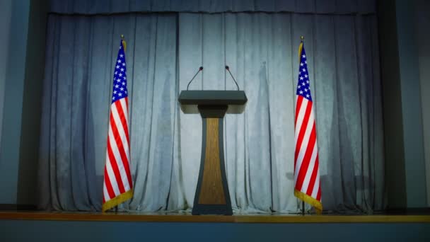 백악관에서 정치인을위한 좌석이있는 라이트 프레스 회의실 토론은 무대에 마이크로 스탠드 — 비디오