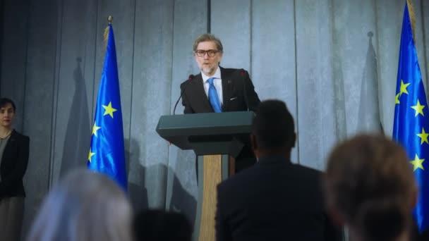 Mature Representative European Union Performs Press Conference Confident Politician Makes — Stock Video