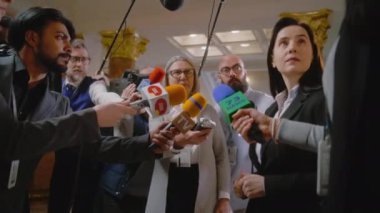 Siyasetçi basın sorularını yanıtlıyor ve televizyon programında röportaj veriyor. Etrafı gazetecilerle çevrili bir kadın diplomat. Basın toplantısı sırasında siyasi konuşma. Sıcak düğme sorunları.