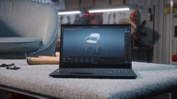 Tela Laptop Com Programa Profissional Exibido Para Design Mobiliário Futurista — Vídeo de Stock