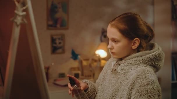 Mladá Krásná Dívka Dělá Make Aplikuje Rtěnku Před Zrcadlem Útulné — Stock video