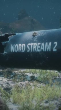 Baltık Denizi sularının altındaki Nord Stream 2 doğalgaz boru hattının patlamasının 3 boyutlu çizimi. Hasarlı boru. Dikey çekim