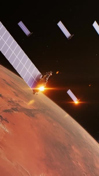 Gráficos Realistas Marte Girando Espacio Exterior Oscuro Celda Solar Paneles — Vídeos de Stock