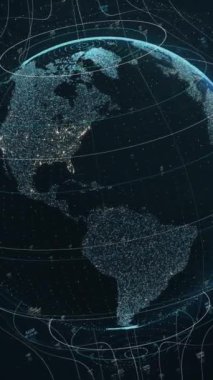 Canlandırılmış dijital şebeke ve üç boyutlu büyük veri küresinde dönen çizgiler. Dünya çapında 5G iletişim sinyali transferi. Küresel internet ağı bağlantısı. Dikey çekim