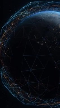 Animasyon dijital şebeke ve dünya üzerindeki çizgiler. 5G iletişim sinyalinin dünya çapında soyut iletiminin 3 boyutlu bilgisayar grafikleri, küresel ağ bağlantısı. Dikey çekim