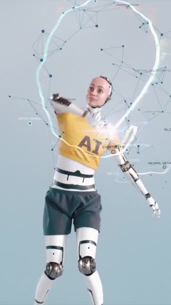 Plan Vertical Cyborg Humanoïde Fait Des Mouvements Visuels Dans Cyberespace — Video