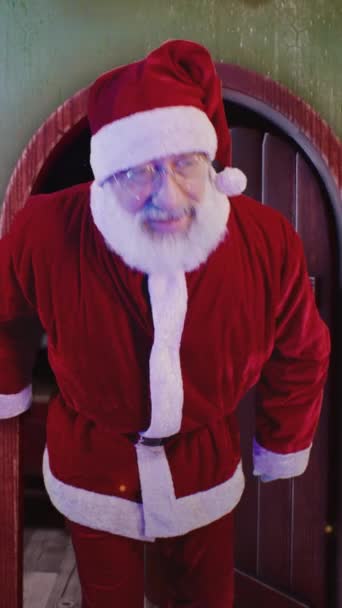 Zoom Out View Elderly Man Santa Claus Costume Entering Magic — Stock Video