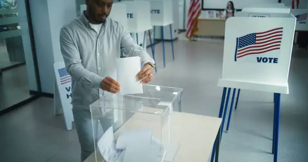 African American Man Votes Presidential Candidate Voting Booth Polling Station — Stock Photo, Image