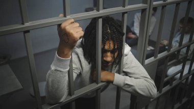 Kızgın Afrikalı Amerikalı ergen mahkum hapisteki hücrede duruyor, metal parmaklıkları var. Genç mahkumlar arka planda yatakta kağıt oynuyorlar. Gençlik gözaltı merkezi ya da ıslah evi. Yüksek açı.