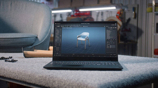 Цифровая 3D модель стильного деревянного кресла для столярного проекта отображается на экране ноутбука. Программное обеспечение для дизайна мебели. Плотник работает на заднем плане в современном