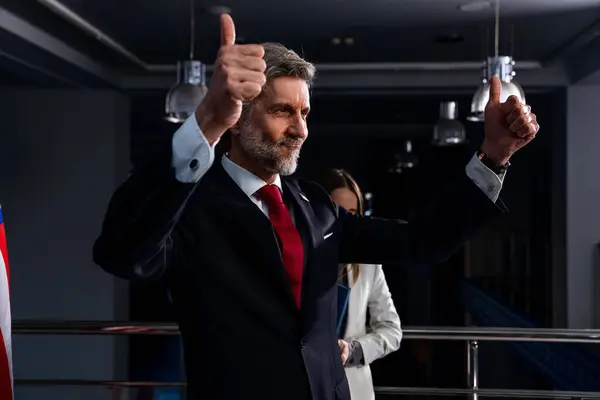 Positive United States Presidential Candidate Gestures Poses Cameras Inspirational Campaign — Stock Photo, Image