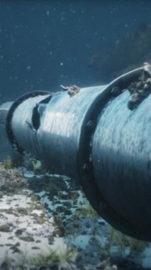 Baltık Denizi sularının altındaki Nord Stream 2 doğalgaz boru hattının patlamasının 3 boyutlu çizimi. Hasarlı boru. Dikey çekim