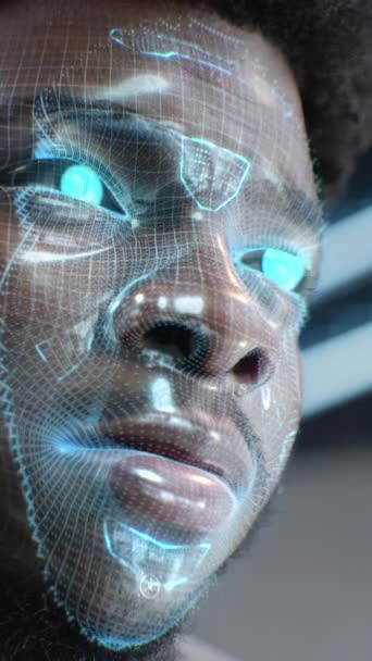 Portret Młodego Afroamerykanina Wyostrzonym Spojrzeniem Animacja Ludzkiego Futurystycznego Biometrycznego Systemu — Wideo stockowe