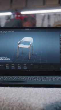 Fütürist mobilya tasarımı için gösterilmiş profesyonel ai programı olan dizüstü bilgisayar ekranı. Marangozluk projesi için üç boyutlu şık ahşap sandalye modeli. Dikey çekim