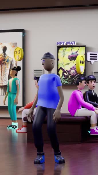 Render Futuristic Virtual Museum Avatar Appears Art Gallery People Avatars — Stock Video
