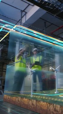 VR gözlüklü iki erkek çalışan elektrik dağıtım istasyonunda. Sanal rüzgar santrali ve elektrik hatlarının 3 boyutlu hologramı. Dikey çekim