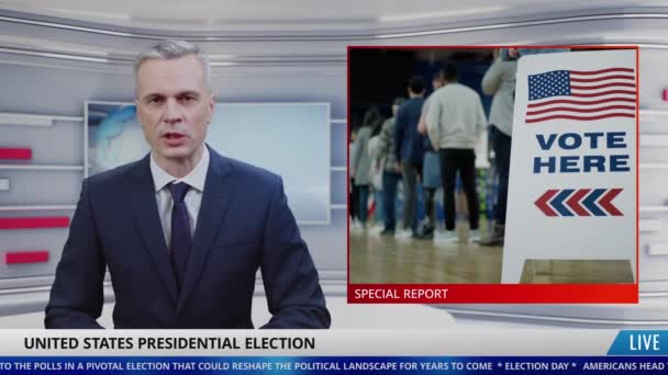 Wartawan Pria Studio Melaporkan Berita Terkini Tentang Hari Pemilihan Presiden — Stok Video