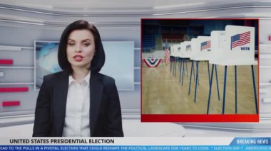 Haber stüdyosundaki kadın sunucu Birleşik Devletler Başkanlık Seçim Günü 'nden canlı olarak bildirdi. Video hikâyesi oy kullanma merkezinin önemli noktalarını gösteriyor. Siyasi program için TV yayınının oynatılması.