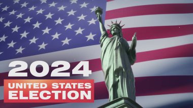 Amerika Birleşik Devletleri 'nde 2024 Başkanlık Seçiminin yazılı olduğu ve arka planda Amerikan bayrağı animasyonu sallayan 3 boyutlu Özgürlük Heykeli grafikleri. Demokrasi ve vatanseverlik kavramı.