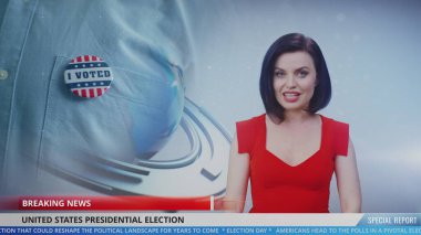 Female newscaster in studio reports live news about Presidential Election Day in the United States. Video story shows highlights from voting station. Playback of broadcast for political TV program. clipart