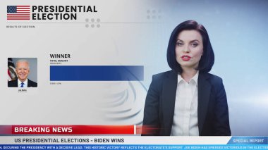 ZAPORIZHYA, UKRAINE - 7 Haziran 2024: Amerika Birleşik Devletleri seçim günüyle ilgili TV haberlerinin yakın plan görüntüleri. Donald Trump ve Joe Biden 'ın seçim sonuçlarını gösteren büyük bir televizyon ekranı. TV canlı