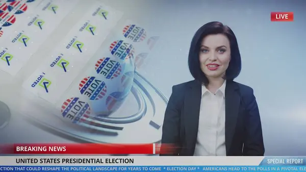 Stock image Female news anchor in studio reports breaking news about voting on US Presidential Election. Video story shows highlights from polling station. Playback of broadcast for TV channel. Television content