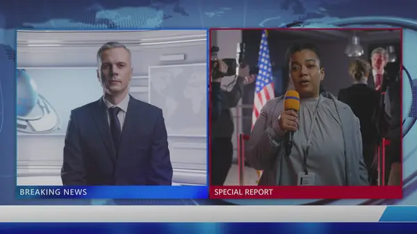 stock image Male anchor in newsroom listens live report from African American female reporter on Presidential Election Day in the United States. Playback of TV broadcast with running line for political program.