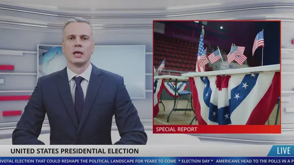 stock image Male newscaster in studio reports breaking news about Presidential Election Day in the United States. Video story shows highlights from polling station. Playback of broadcast for political TV program.