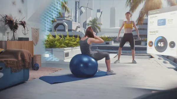 stock image Sportswoman in AR headset exercises with fitball. VR screen shows virtual trainer, interface of fitness app with workout plan and image of futuristic city. Home gym with AI and metaverse technologies.