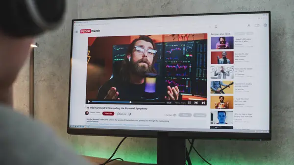 stock image PC monitor shows video sharing platform with blogger content about stock trading. Teen boy in headphones watches educational video about investment and cryptocurrency on personal computer at home.