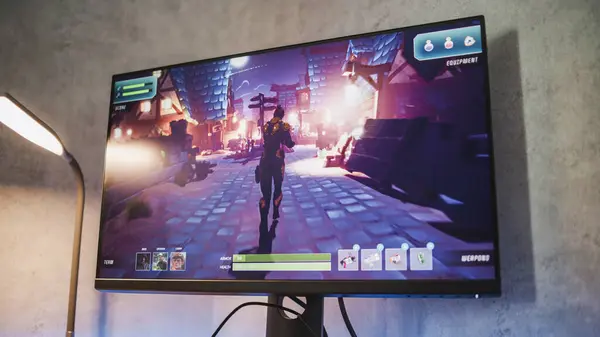 stock image Close up of computer screen with online 3D video game: Female hero character runs with gun. Gameplay of third person shooter. Professional gamer takes part in Esports championship. Gaming at home.