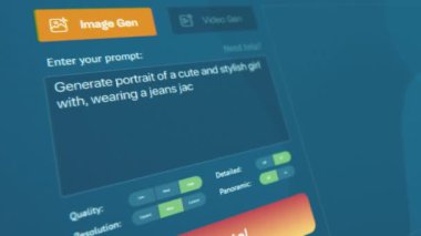 Yapay zeka görüntü oluşturucusunun kullanıcı arayüzü. Yapay zeka uygulaması neon sokak arka planında güzel bir kızın detaylı yüksek kaliteli portresini oluşturuyor. Gelişmiş metinden görüntü teknolojisine. Yapay zeka tarafından oluşturulan fotoğraf.