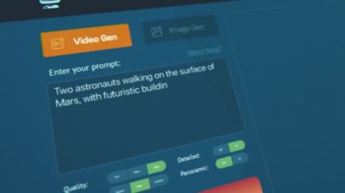 Yapay zeka video jeneratörünün kullanıcı arayüzü. Yapay zeka sohbet robotu Mars 'ta yürüyen iki astronotun detaylı, yüksek kalite gerçekçi videosunu üretiyor. Gelişmiş Yapay Zeka video oluşturma teknolojisi.