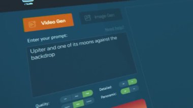 Yapay zeka video jeneratörünün kullanıcı arayüzü. Yapay zeka sohbet robotu, Jüpiter ve uydusunun uzaydaki yüksek kaliteli videolarını oluşturuyor. Fütüristik üretken sanat. Yapay zeka video oluşturdu.