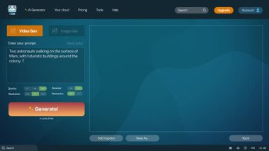 Yapay zeka video jeneratörünün kullanıcı arayüzü. Yapay zeka sohbet robotu Mars 'ta yürüyen iki astronotun detaylı, yüksek kalite gerçekçi videosunu üretiyor. Gelişmiş Yapay Zeka video oluşturma teknolojisi.