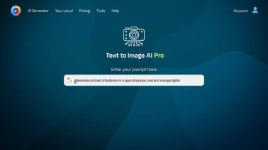 Yapay zeka görüntü oluşturucusunun kullanıcı arayüzü. Yapay zeka uygulaması, zarif balerin portresi gibi detaylı yüksek kaliteli görüntüler üretiyor. Gelişmiş metinden görüntü teknolojisine. Fütüristik Yapay Zeka tarafından oluşturulan fotoğraf.