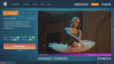 User interface of AI video generator. Artificial intelligence chatbot generate detailed video of elegant dancing ballerina in tutu. AI generated video creation. Template for computer or laptop screens clipart