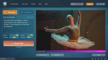 Yapay zeka video jeneratörünün kullanıcı arayüzü. Yapay zeka sohbet robotu, etekli zarif dans eden balerinin detaylı videosunu oluşturuyor. Yapay zeka video oluşturdu. Bilgisayar veya dizüstü bilgisayar ekranları için şablon