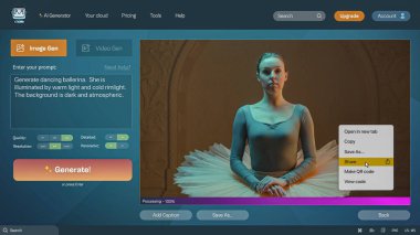 User interface of AI video generator. Artificial intelligence chatbot generate detailed video of elegant dancing ballerina in tutu. AI generated video creation. Template for computer or laptop screens clipart