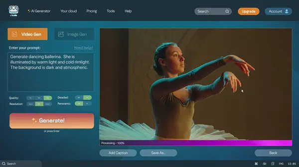 stock image User interface of AI video generator. Modern artificial intelligence chatbot assistant generate detailed high-quality video: Beautiful dancing ballerina. From text prompt to realistic generated video.