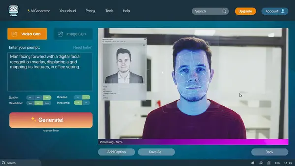 stock image User interface of AI video generator. Artificial intelligence chatbot generate detailed video of man with digital facial recognition overlay. AI generated video creation. Template for computer screen.