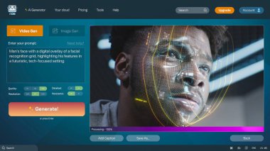 Yapay zeka video jeneratörünün kullanıcı arayüzü. Yapay zeka sohbet robotu detaylı bir video oluşturur: Dijital yüz tanıma sistemi olan adam yüzü. Metin istemcisinden gerçekçi yapay zeka tarafından oluşturulan videoya.