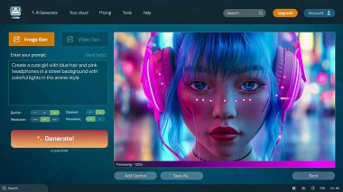 Yapay zeka görüntü oluşturucusunun kullanıcı arayüzü. Yapay zeka sohbet robotu, kulaklıklı, neon ışıklı, anime tarzı siber punk bir kızın detaylı görüntüsünü oluşturuyor. Gelişmiş oluşturulmuş fotoğraf.