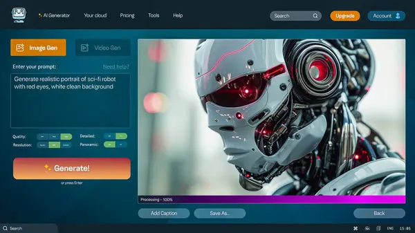 Yapay zeka görüntü oluşturucusunun kullanıcı arayüzü. Yapay zeka uygulaması detaylı yüksek kaliteli görüntü üretiyor: Bilimkurgu robot gerçekçi portresi. Gelişmiş metinden görüntü teknolojisine. Geleceğe yönelik oluşturulmuş fotoğraf.