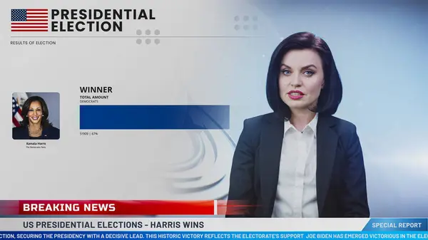 stock image ZAPORIZHYA, UKRAINE - JUNE 7, 2024: TV breaking news broadcast with female newscaster showing electoral votes during US presidential elections. Political race: Kamala Harris and Donald Trump.